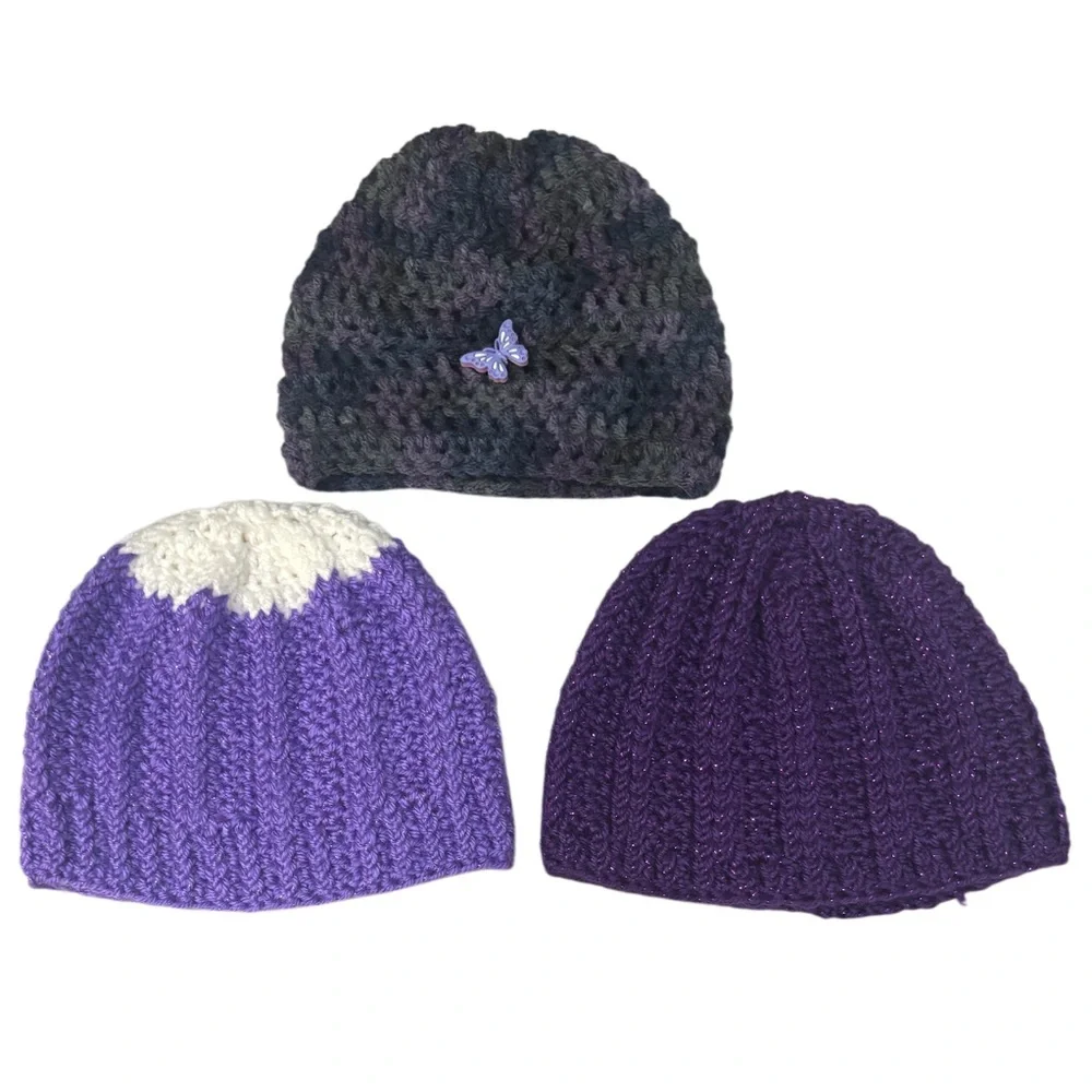 Girl’s Handmade Crochet Beanies Textured Sweater Knit Butterfly Metallic Purple